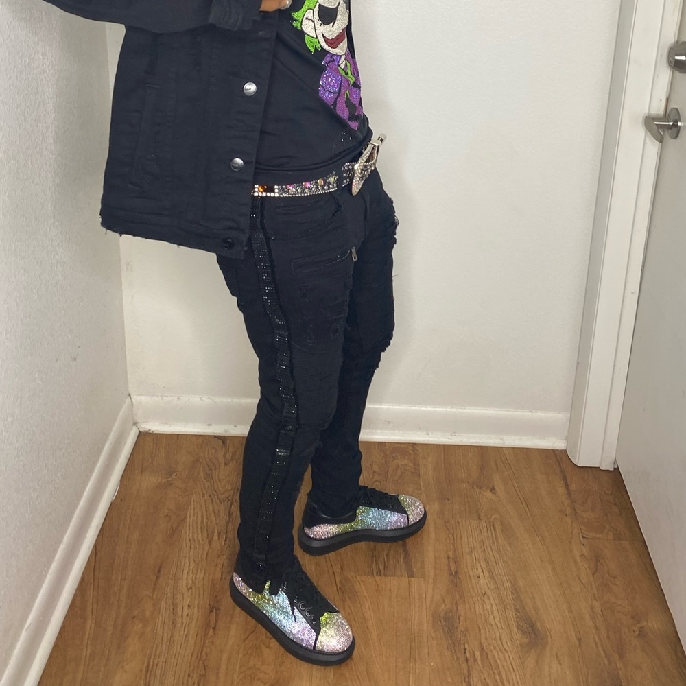 Mens Preme black denim jeans with rhinestones down leg